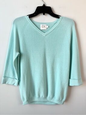 EK Edinburgh Knitwear V-Neck 3/4 Sleeve Pima Cotton Sweater Aqua Blue S